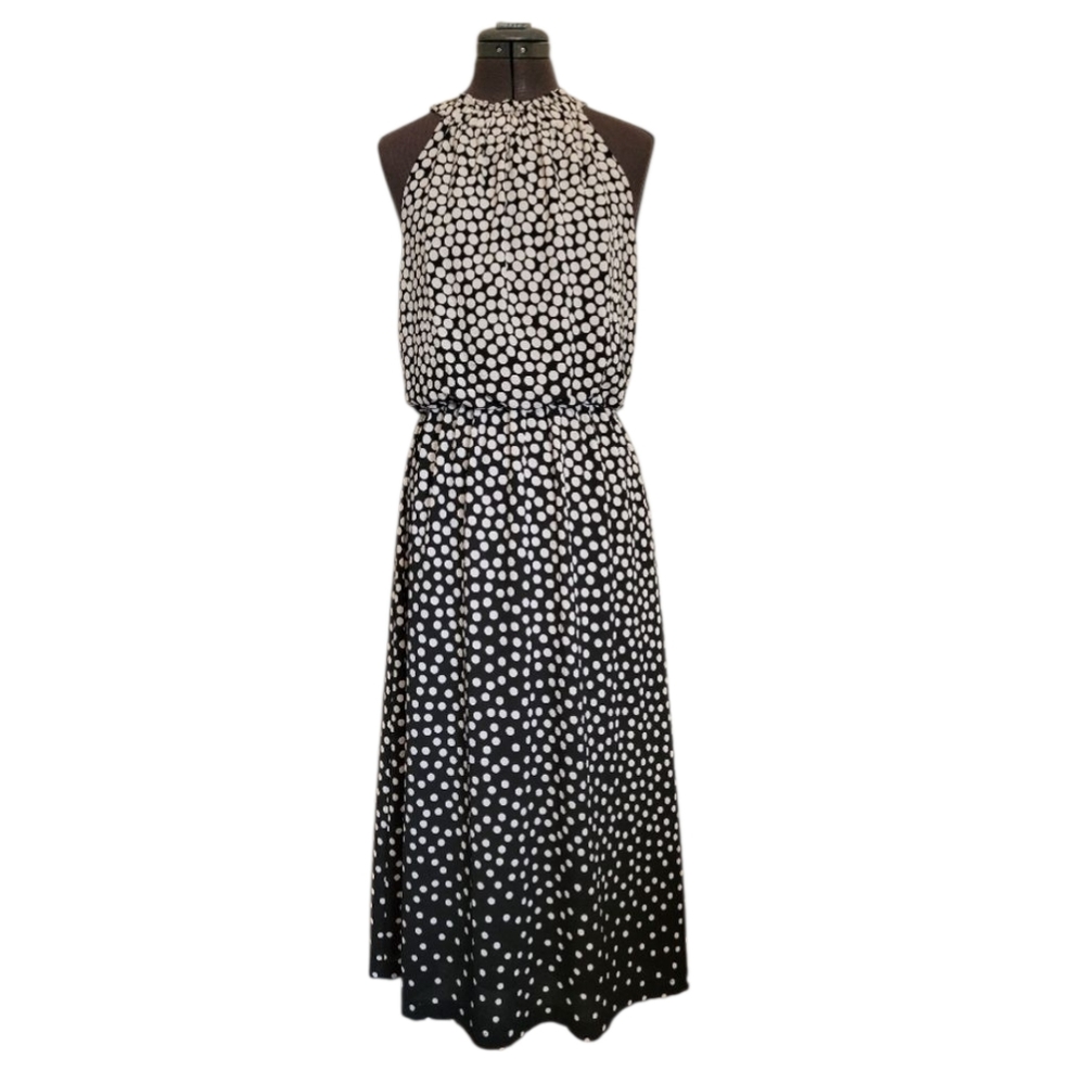 Adrianna Papell Polka Dot Dress Black White Halter Midi Dress Wedding Guest